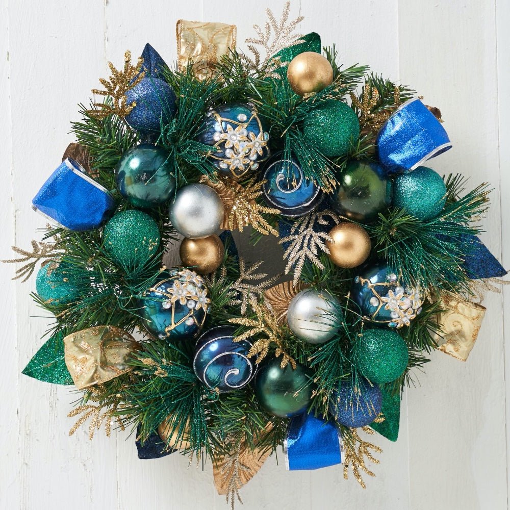 18-inch Christmas Wreath Featuring Blue, Gold, and Silver Ornaments - craftmasterslate