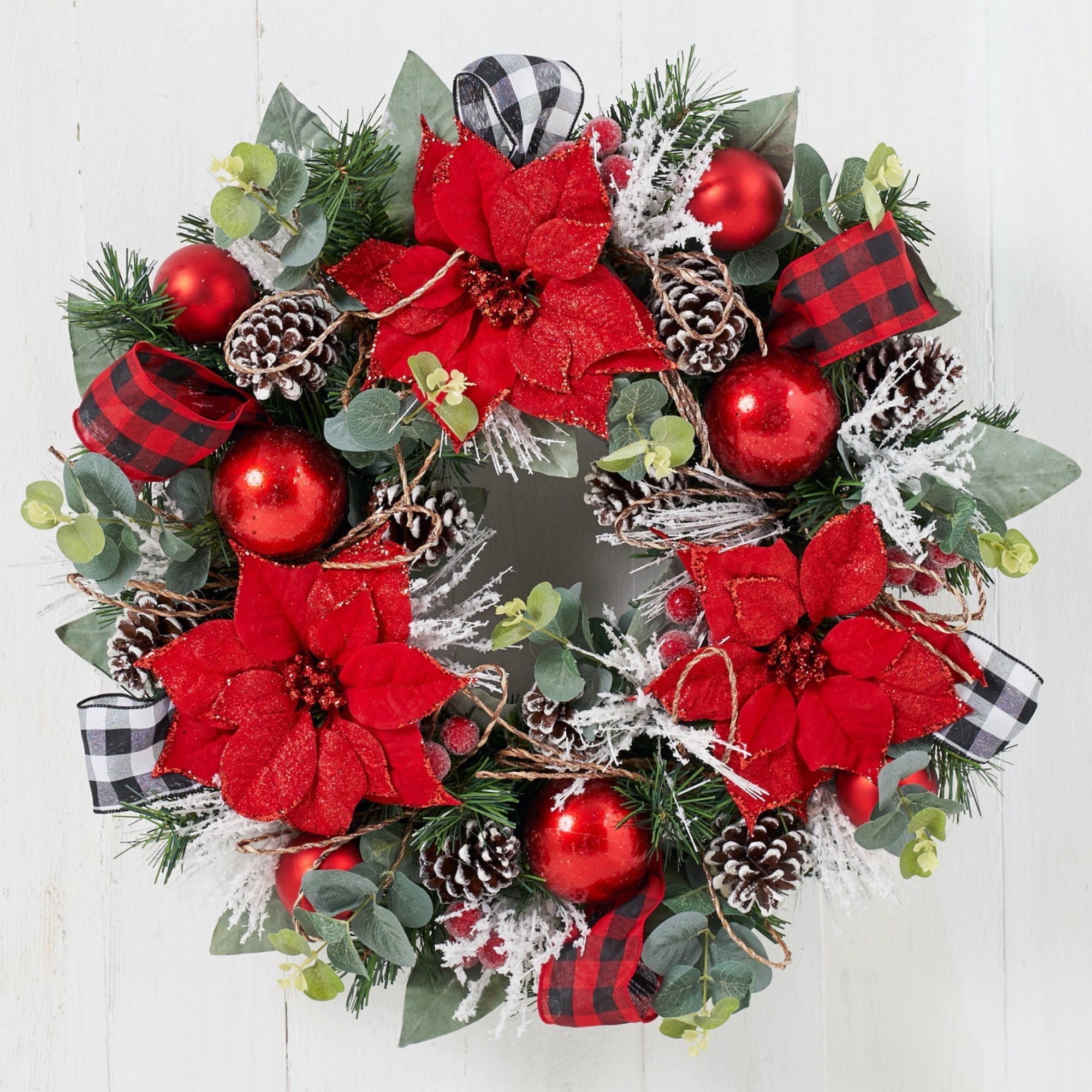 22" Christmas Red Poinsettia Wreath with Red/White Buffalo Check Ribbon - craftmasterslate