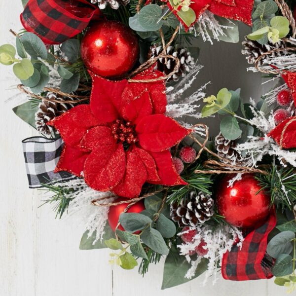 22" Christmas Red Poinsettia Wreath with Red/White Buffalo Check Ribbon - craftmasterslate