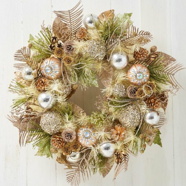 22-inch Sage Green and Gold Christmas Wreath Adorned with Mini Wooden Roses - craftmasterslate