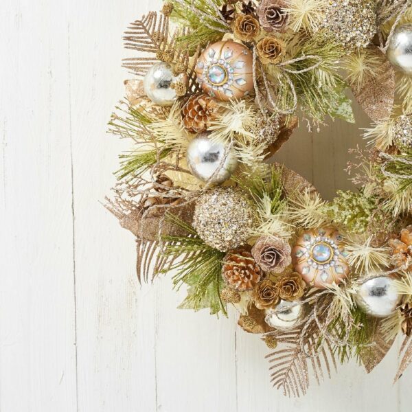 22-inch Sage Green and Gold Christmas Wreath Adorned with Mini Wooden Roses - craftmasterslate