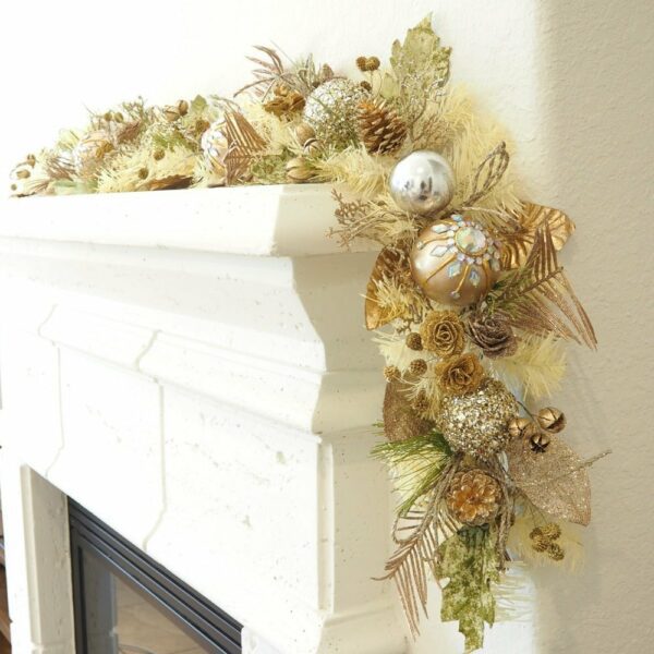 Christmas Garland in Sage Green and Gold with Miniature Wooden Roses - craftmasterslate