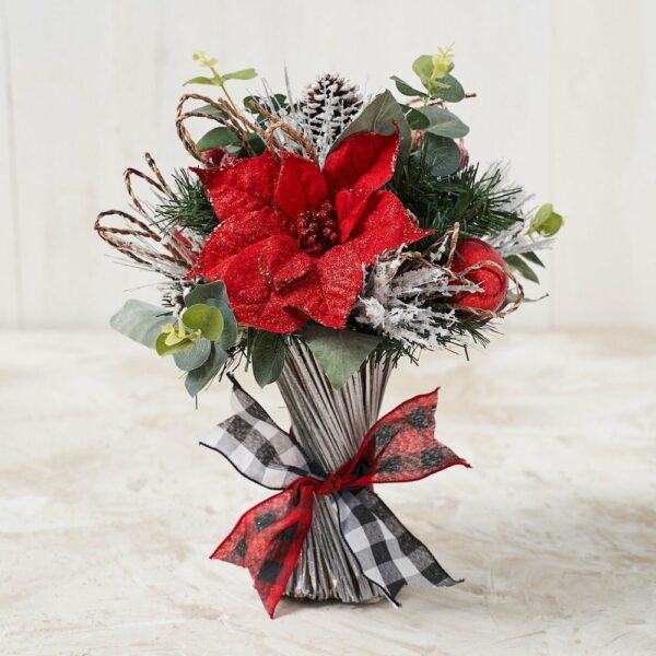 Christmas Red Poinsettia Bouquet with Red/White Buffalo Check Ribbon - craftmasterslate
