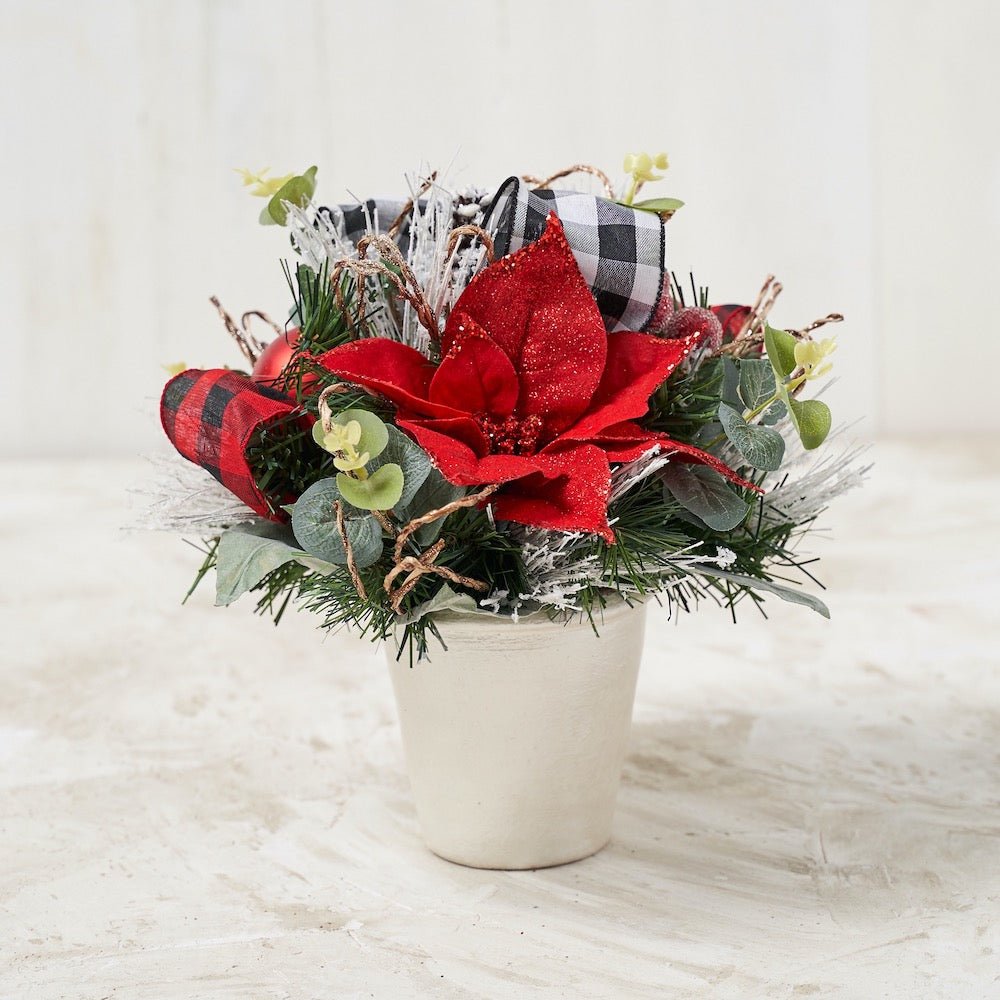 Christmas Red Poinsettia Centerpiece with Red/White Buffalo Check Ribbon - craftmasterslate