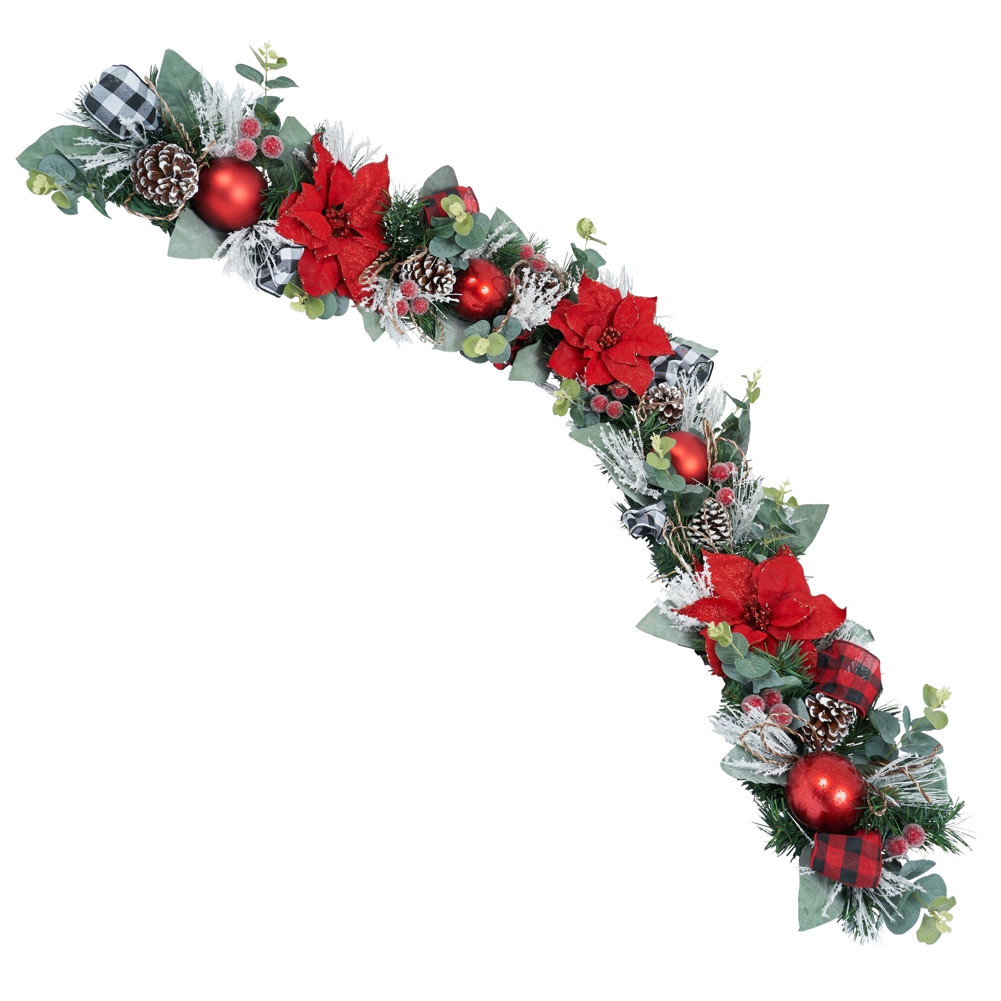 Christmas Red Poinsettia Garland with Red and White Buffalo Check Ribbon - craftmasterslate