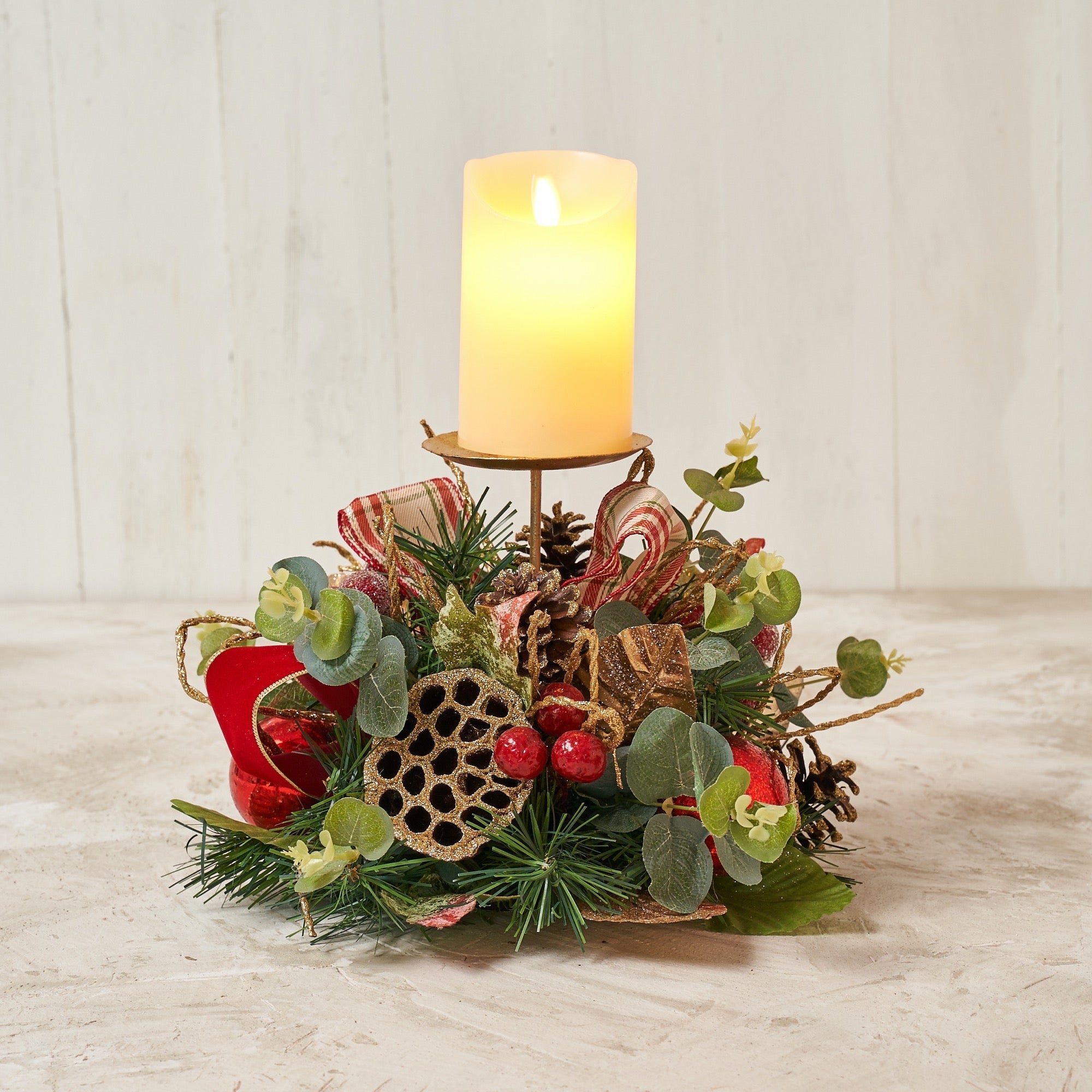 Christmas Themed Red Plaid Lotus Pod Single Spike Candle Holder - craftmasterslate