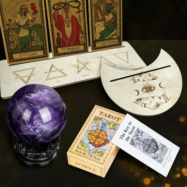 Complete Tarot Essentials Bundle: Wooden Altar, Rider Waite Tarot Cards, and Polished Amethyst Crystal Ball - craftmasterslate