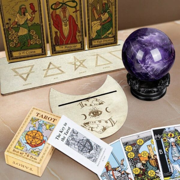 Complete Tarot Essentials Bundle: Wooden Altar, Rider Waite Tarot Cards, and Polished Amethyst Crystal Ball - craftmasterslate