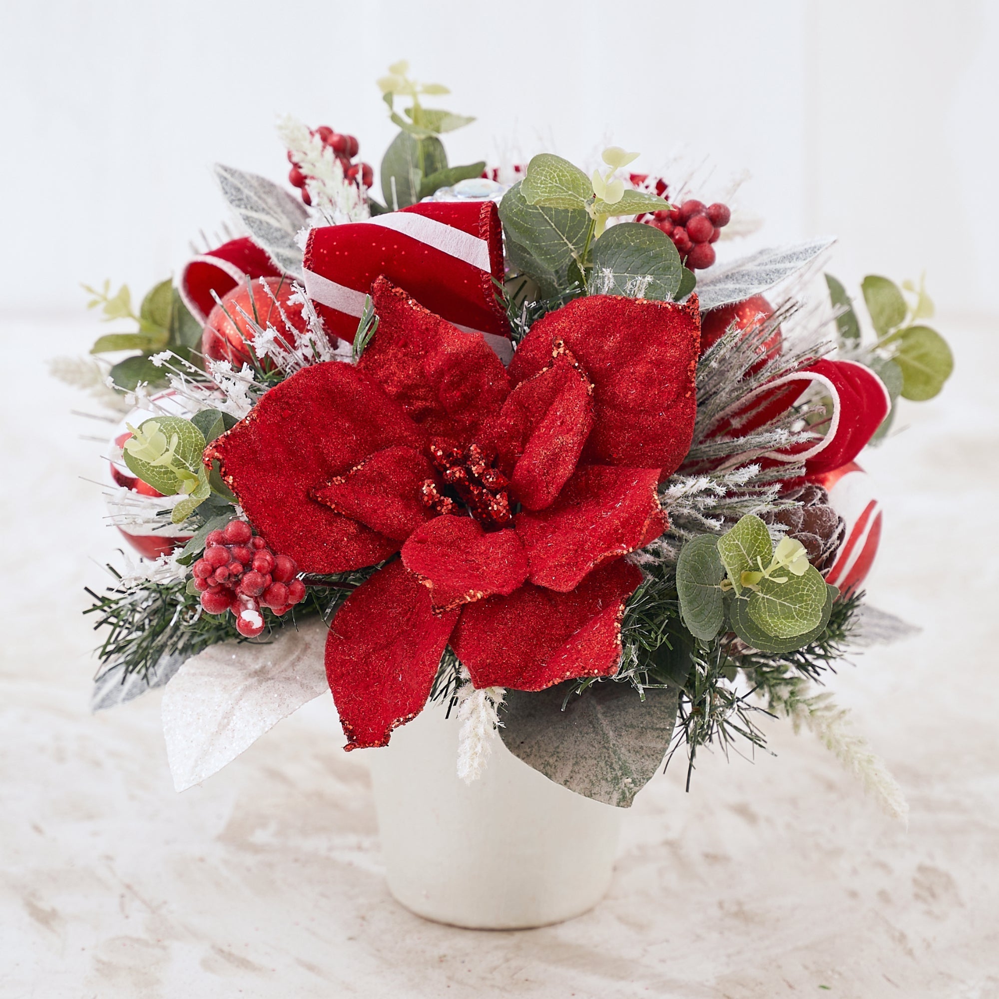 Red Frosted Poinsettia Arrangement with Pot for Christmas - craftmasterslate