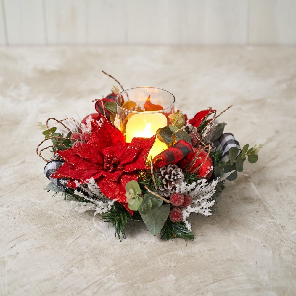 Red Poinsettia Christmas Hurricane Candle Holder Adorned with Red and White Buffalo Check Ribbon - craftmasterslate