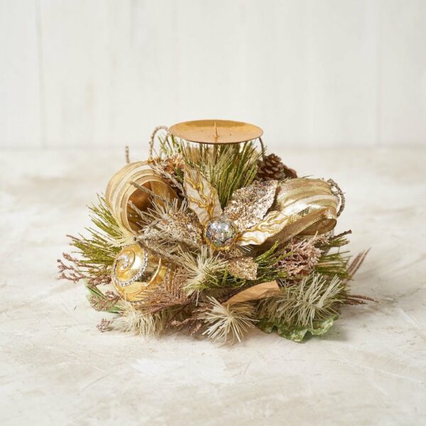Single Spike Candle Holder in Champagne Gold with Poinsettia for Christmas - craftmasterslate