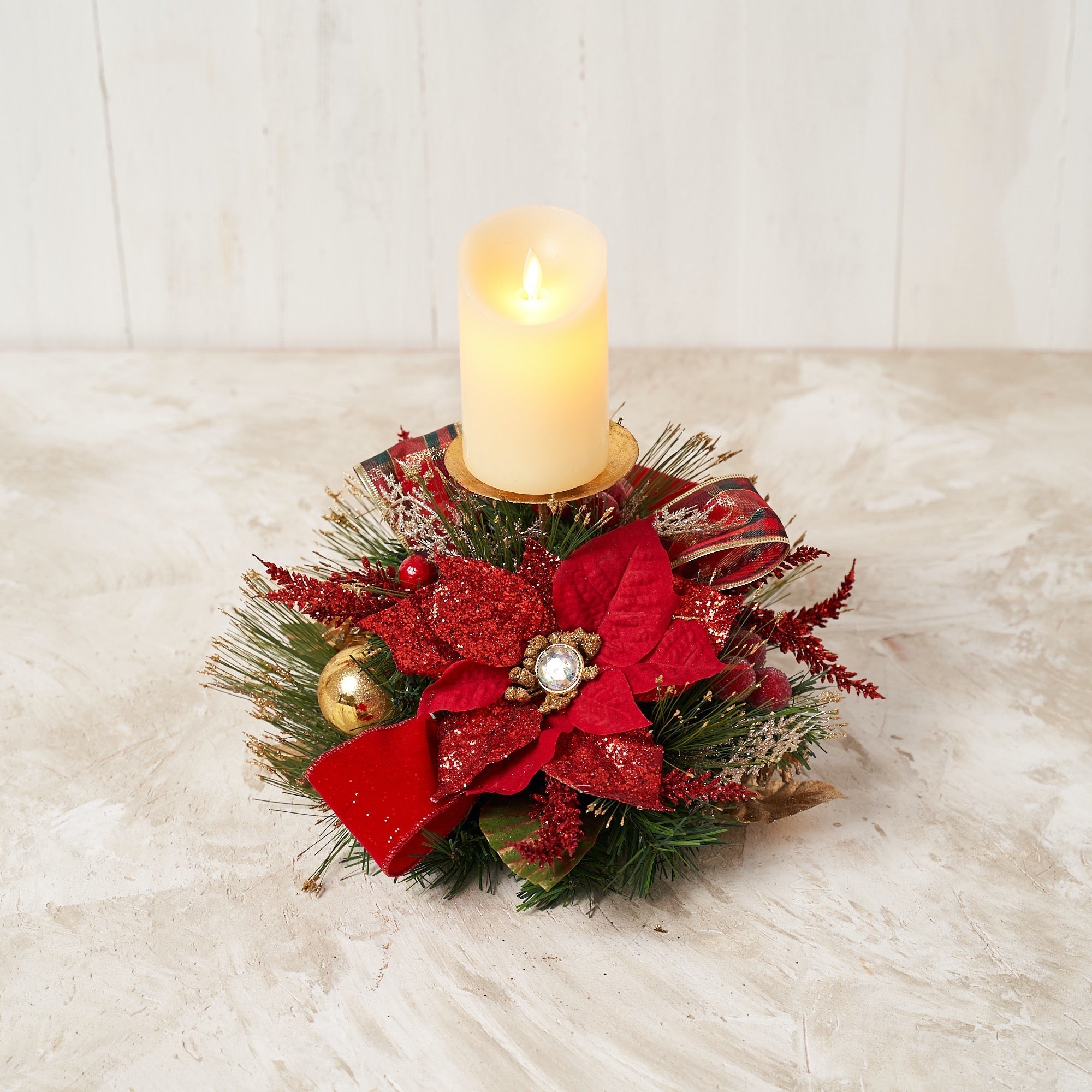 Single Spike Candle Holder with Red Poinsettia for Christmas - craftmasterslate