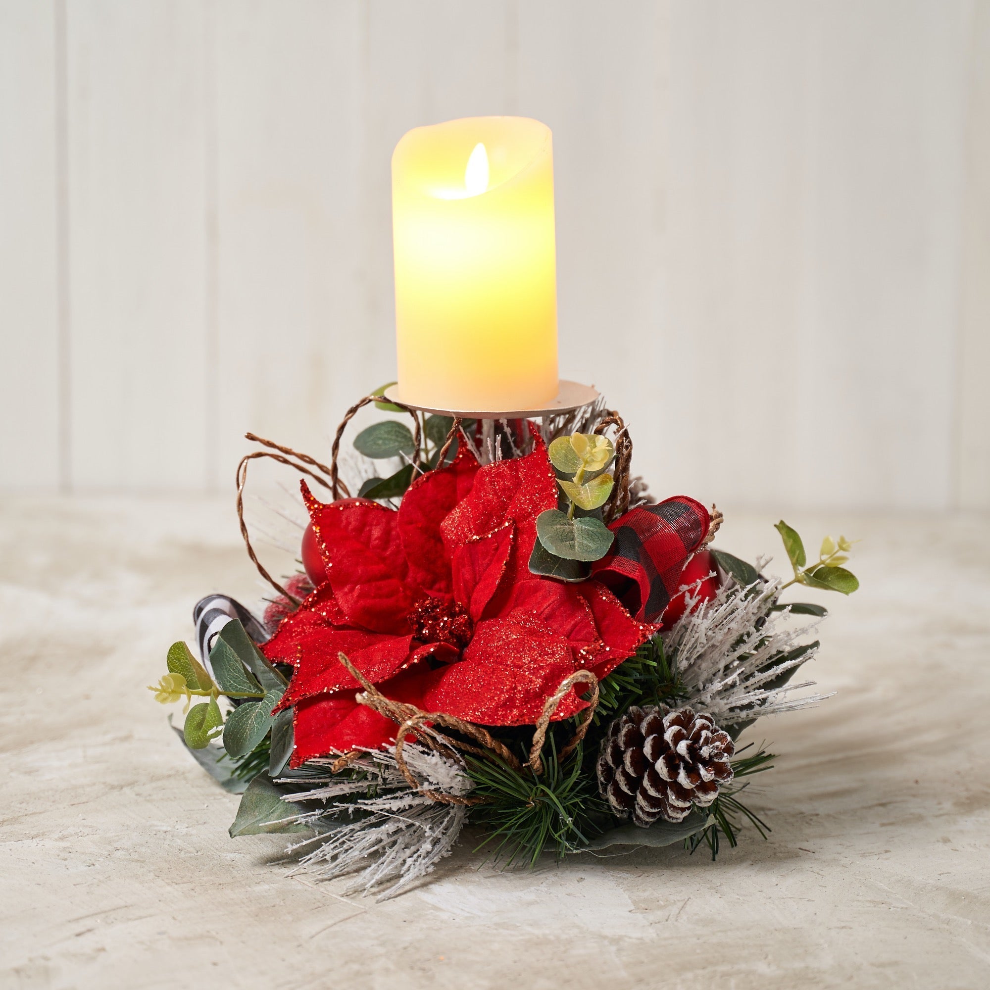 Single Spike Red Poinsettia Candle Holder with Red/White Buffalo Check Ribbon for Christmas - craftmasterslate