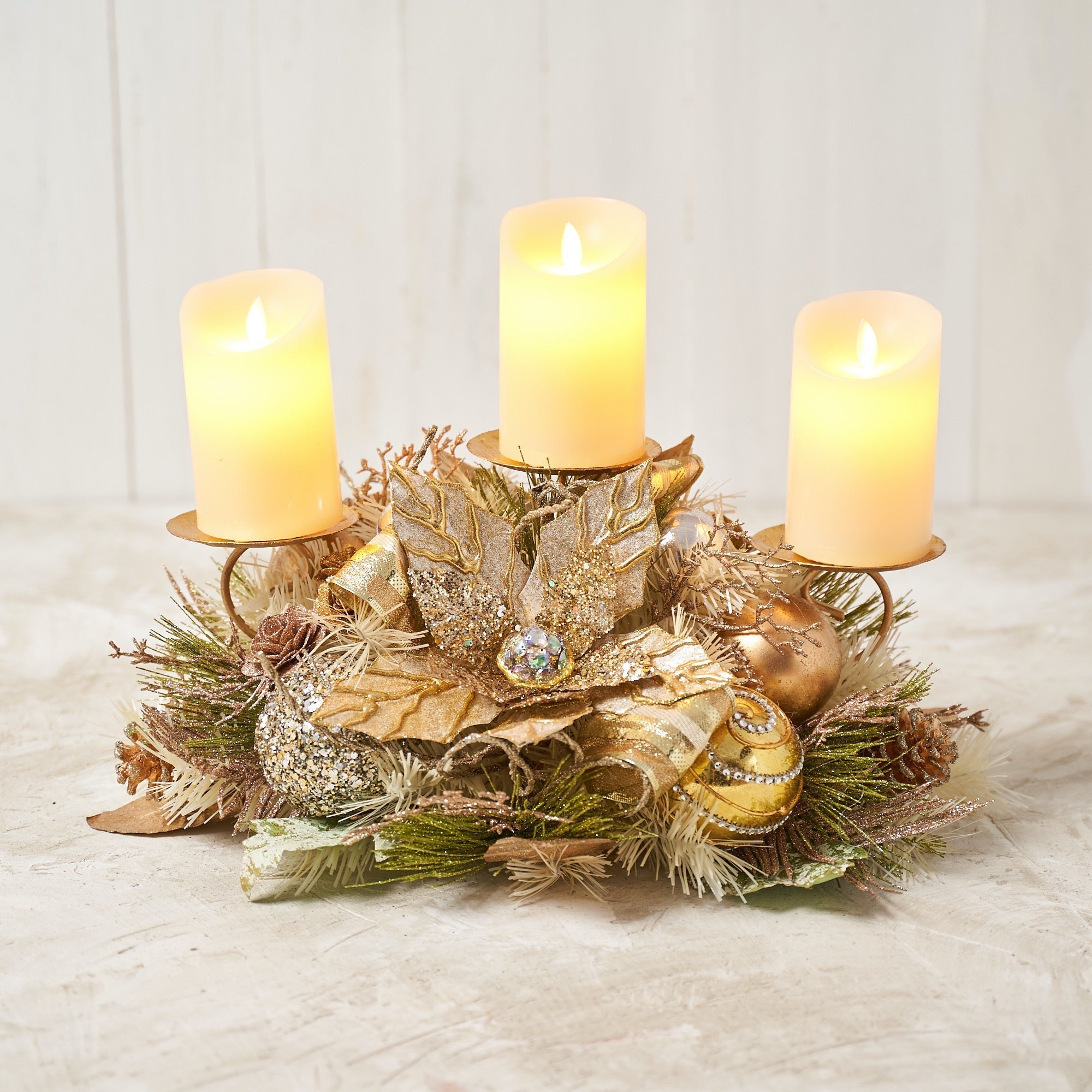 Triple Candle Holder with Champagne Gold Poinsettia for Christmas - craftmasterslate