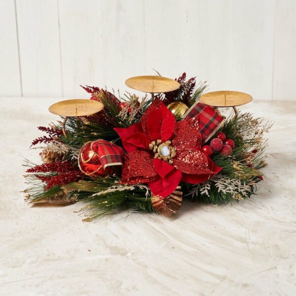 Triple Candle Holder with Red Poinsettia for Christmas - craftmasterslate