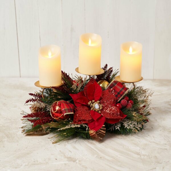 Triple Candle Holder with Red Poinsettia for Christmas - craftmasterslate