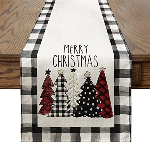 "Watercolor Buffalo Plaid Christmas Trees" Table Runner for a Merry Xmas: Embrace the Seasonal Winter Holiday Spirit - craftmasterslate